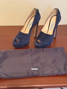 Prada Navy Suede Peep-Toe Platform Heel
